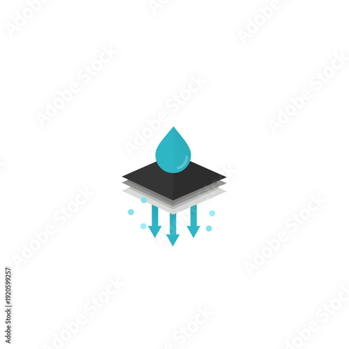 Vector icon illustrating a water drop absorbing through layered material with downward arrows. Modern symbol for filtration and fabric absorption.