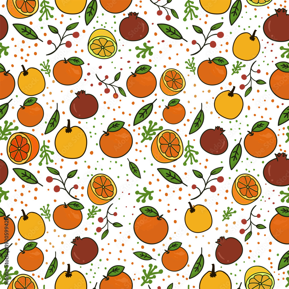 Obraz premium Colorful citrus fruit seamless pattern with orange lemon lime pomegranate and leaves on white background.