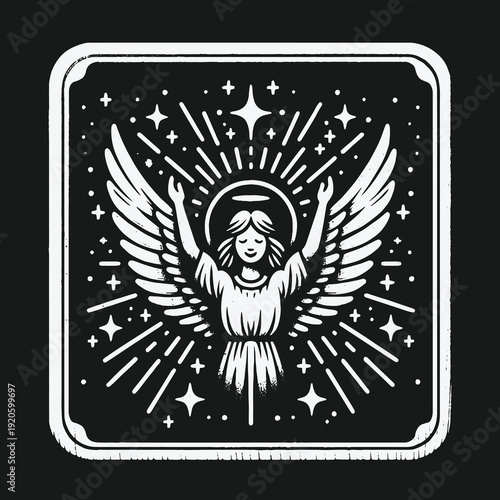 Monochrome Angel Illustration with Wings and Halo in a Starry Sky.
