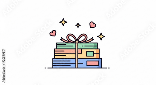 Colorful stack of books with gift ribbon and hearts floating above symbolizing love for reading and learning