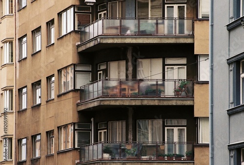 Photography Modernist apartment building balconies in Prague, analog film photography