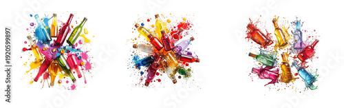 Vibrant Colorful Glass Bottles Splashing Rainbow Liquid in Dynamic Circular Composition isolated on transparent background