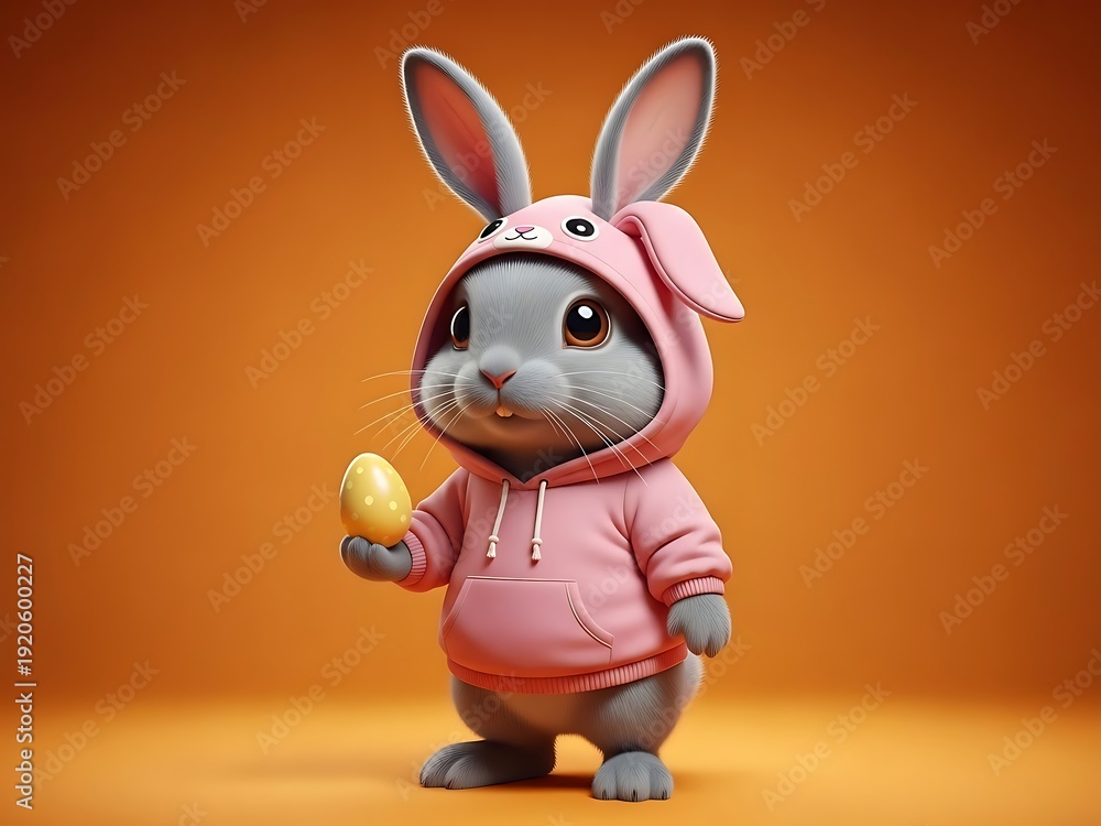 Fototapeta premium Cute cartoon rabbit in pink hoodie holding banana