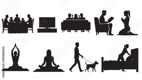 Set of 8 daily life silhouettes vector