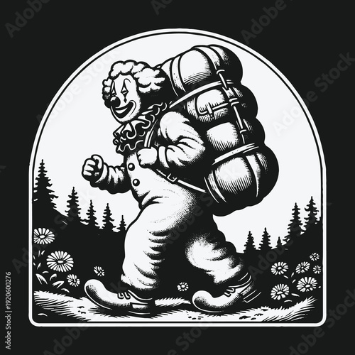 A Clowns Journey: A Monochromatic Illustration of a Traveling Clown.