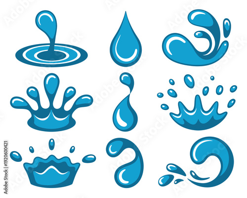 Collection of various blue water splash drop shapes and movements isolated on white background