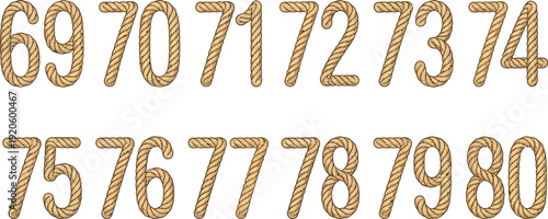 Collection of Numbers 69 through 80 Made of Rope Isolated on Transparent Background