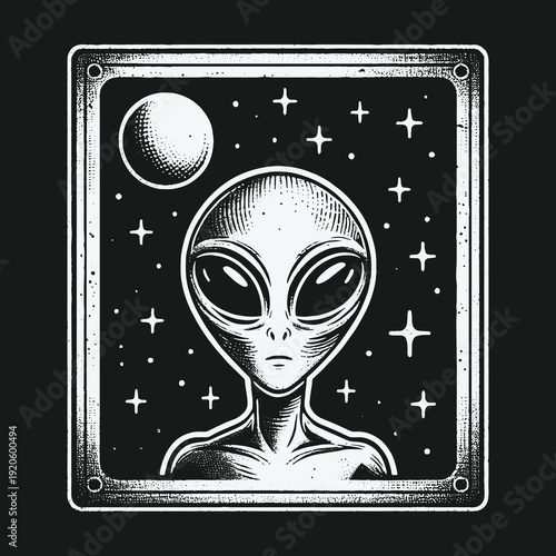 Monochrome Alien Portrait with Moon and Stars in Framed Design.