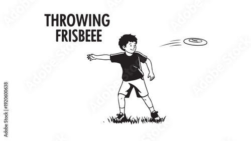 Boy throwing frisbee in dynamic motion with bold lines in black and white illustration for outdoor recreation