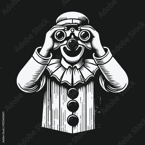 Clown with Binoculars: A Vintage Illustration of Focus and Observation.