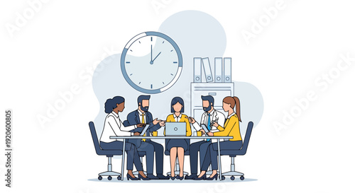 Diverse Team Collaborating Around Table In Meeting Room With Clock Symbolizing Time Management And Workflow Efficiency For Business Projects