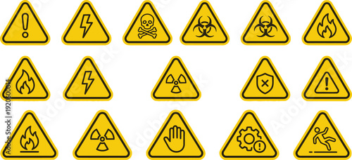 Collection of Yellow Warning Hazard Safety Sign Icons Isolated