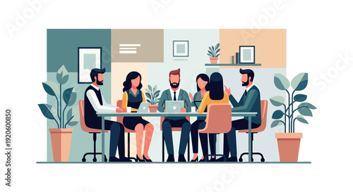 Diverse business team collaborating around a table with laptops and plants in a modern office setting for project discussion and strategy planning