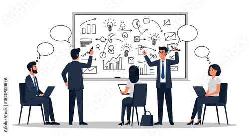 Diverse professionals collaborate on whiteboard strategy session planning new project ideas and sharing insights visually on clean background for