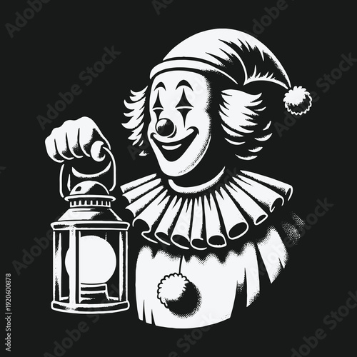Creepy Clown Illustration with Lantern in Dark Setting.