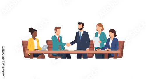 Professional Business People Meeting Seated Around Conference Table Shaking Hands Confirming Agreement Partnership Deal Conclusion Strategy Discussion