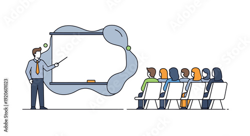 Male instructor presents information to seated audience in a learning environment with a whiteboard in a modern flat style