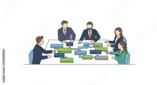 Business Team Collaborating on Project Strategy and Development at Boardroom Table with Organization Chart Elements Spread Out