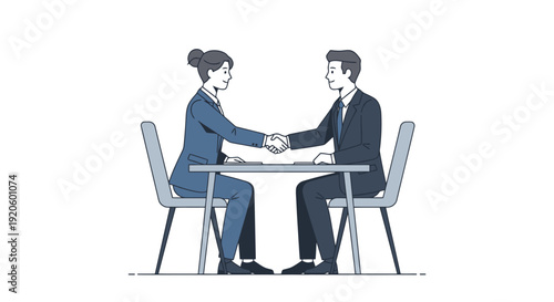 Business professionals in formal attire shake hands across a table during a meeting or negotiation to finalize an agreement or partnership