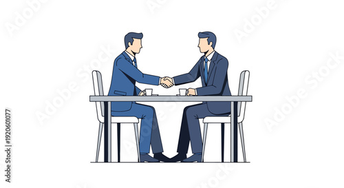 Two businessmen in suits shaking hands across a table in a modern office setting symbolizing successful negotiation and partnership agreement in