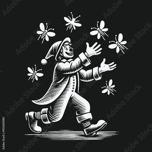 Clown Juggling Fireflies in the Dark: A Whimsical Night Scene.