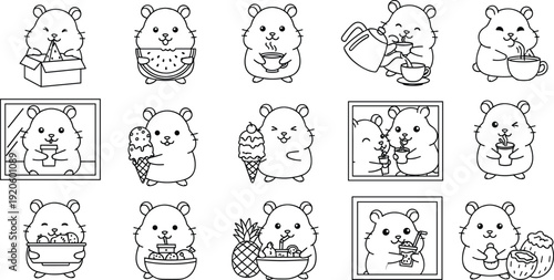 Cute Hamster Eating and Drinking Set Black and White Line Art Vector Illustration Isolated on White Background