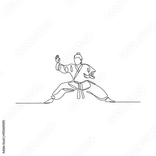 A continuous line drawing depicts a martial artist in a dynamic fighting stance
