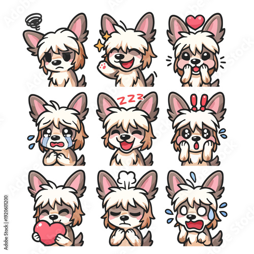 A set of cute anime dogs illustrations in various clothes doing different activities with different expressions. Stickers or badges.Crested Dog