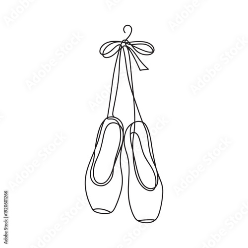 A delicate line drawing depicts a pair of ballet shoes suspended by ribbons