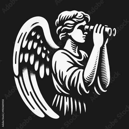 Angel with Telescope: A Celestial Observer in Detailed Illustration.