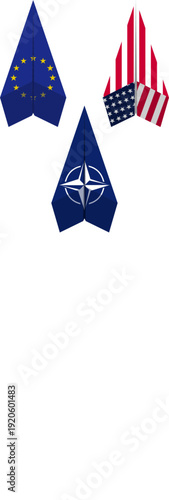 Isometric paper planes with EU NATO and USA flags in 3D perspective