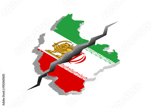 Isometric map of Iran with cracks symbolizing revolt or conflict 3D illustration
