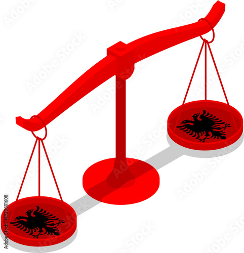 Isometric scales of justice with Albanian flag symbolizing law and governance