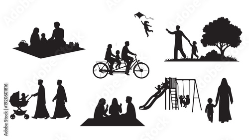 Set of 7 family activity silhouettes vector