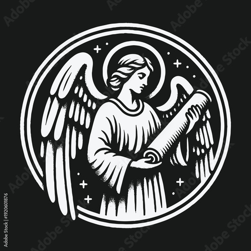 Angel with Scroll in Circular Frame Religious Symbolism.