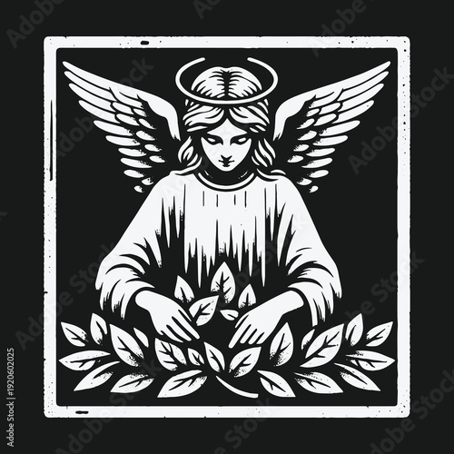 Serene Angel with Halo and Wings in Detailed Vector Illustration.