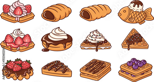 Sweet Waffle and Pastry Dessert Set Flat Vector Illustration Isolated on White Background