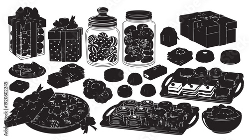 Assorted sweets and candies in vintage jars and containers with elegant packaging in black and white illustration for bakery advertising