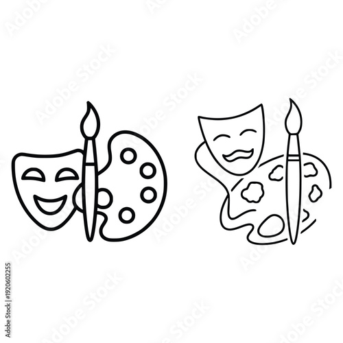 Theater drama comedy masks with artist palette and paint brush line art design
