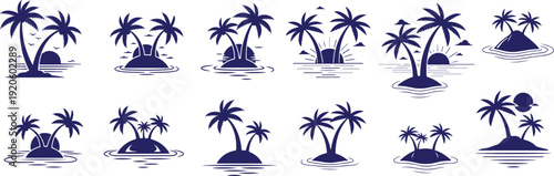 Vector art of set of blue tropical island and palm tree icons