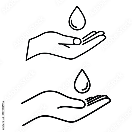 Human hands protecting and catching water drops line art concept for conservation
