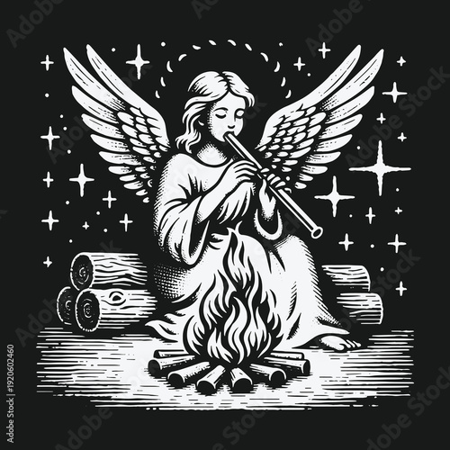 Angels Serenade: A Celestial Musician by the Campfire.
