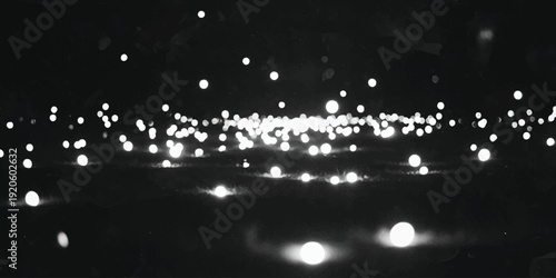 A black and white image capturing numerous glowing points scattered in the darkness, creating a magical atmosphere.