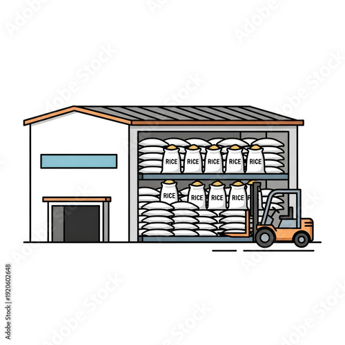 Warehouse Storage with Forklift and Grain Sacks.