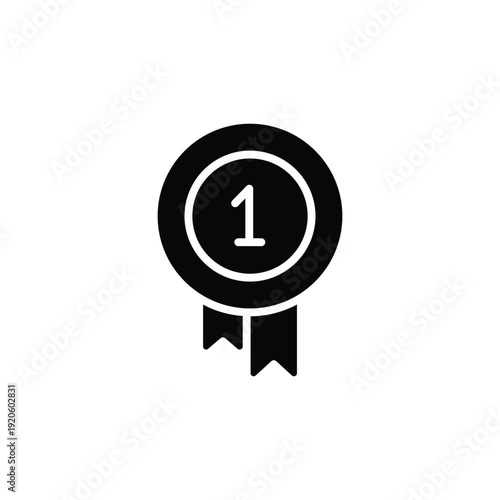 First Place Award Ribbon Icon - Black and White Vector Illustration of a Number 1 Medal for Competition and Victory