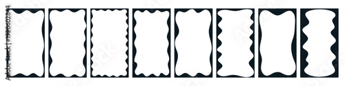 Set of wavy vertical rectangular frames, minimalist black wiggly borders, irregular backgrounds templates. Simple abstract graphic vector illustration for kids