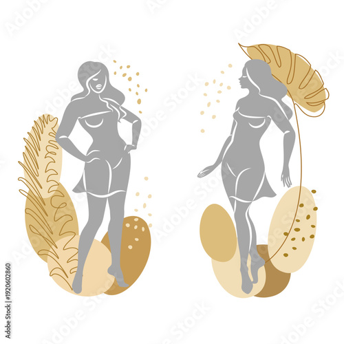 Collection. Silhouette of a cute lady and leaves of a plant. The girl is standing. The woman has a beautiful figure. She is young and slim. Vector illustration set.