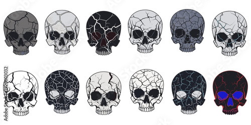Broken Human Skull Set with Cracked Bone Texture and Grungy Damage Vector