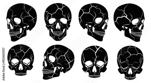 Cracked Human Skull Silhouette Set Vector Collection for Gothic and Horror Design