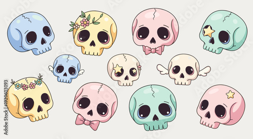 Cute Kawaii Skull Character Set with Flowers, Stars, and Wings Vector